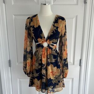 Passion Fusion Navy Orange Chiffon Cutout O-Ring Navy Orange Floral Dress SizeXS